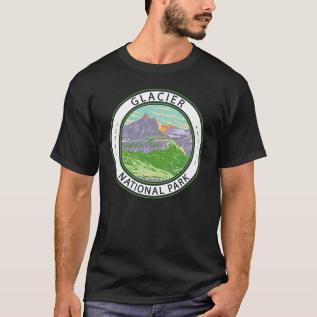 Glacier National Park In Spring Montana Badge T-Shirt (Front)