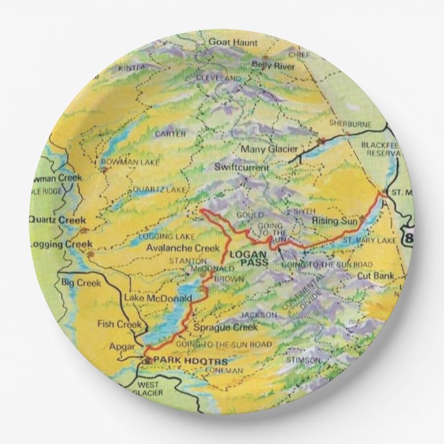 Glacier National Park Map Paper Plates (Front)