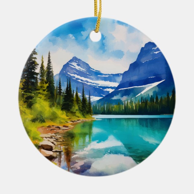 Glacier National Park Montana Watercolor Ceramic Ornament (Front)