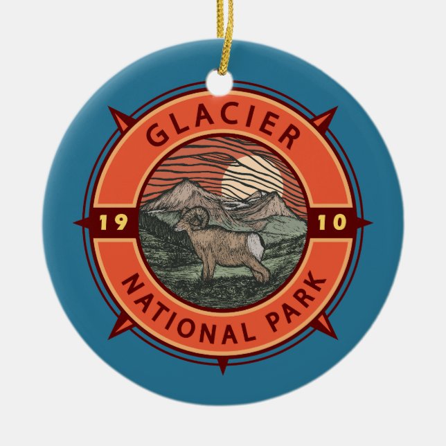 Glacier National Park Retro Bighorn Sheep Compass Ceramic Ornament (Front)