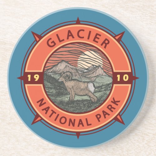 Glacier National Park Retro Bighorn Sheep Compass  Coaster
