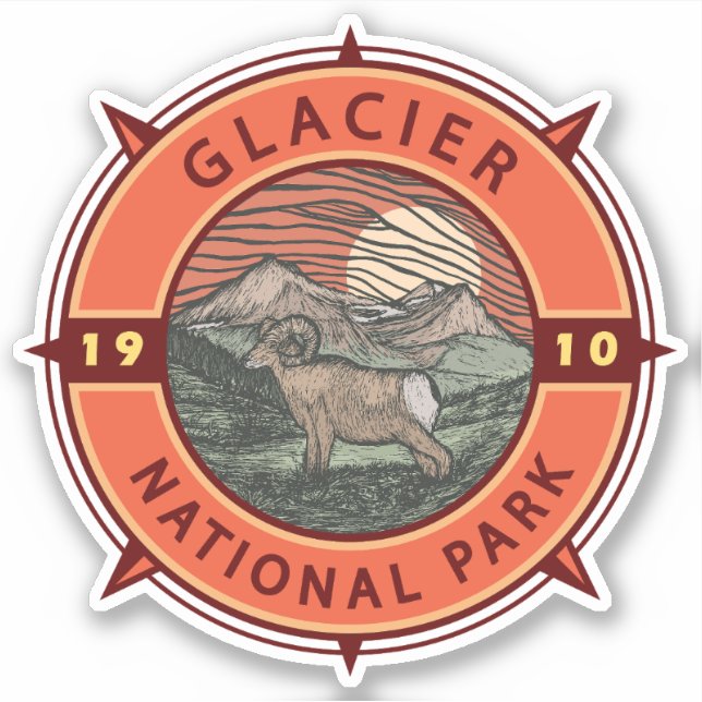 Glacier National Park Retro Bighorn Sheep Compass Sticker (Front)