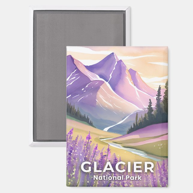 Glacier National Park | Spring Lavender Watercolor Magnet (Front/Back)
