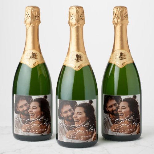 Glad Youre Here Handwritten Script Photo Wedding Sparkling Wine Label