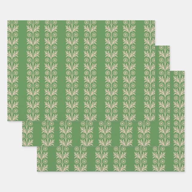 Glade Green Arts and Crafts Floral Stripe Wrapping Paper Sheets (Set)
