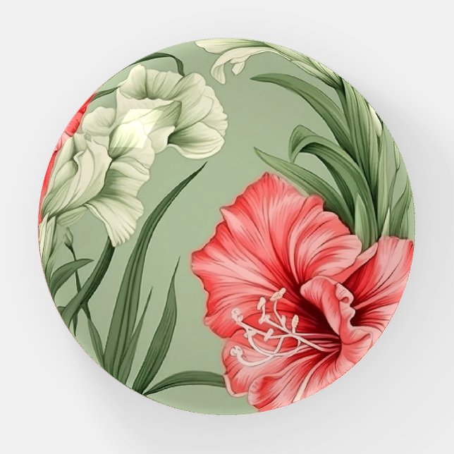 Gladioli Coral White Flowery Round Domed Glass Paperweight (Front)