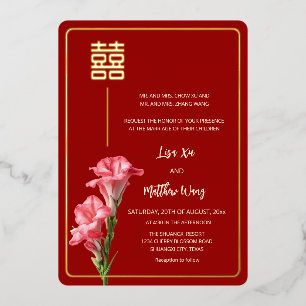Gladiolus Flower Red Gold Chinese Wedding Foil Invitation