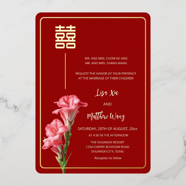 Gladiolus Flower Red Gold Chinese Wedding Foil Invitation (Front)
