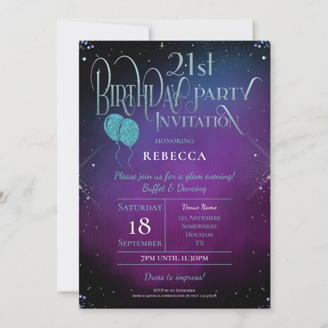 Glam 21st Birthday Decorative Script Purple Party Invitation (Front)