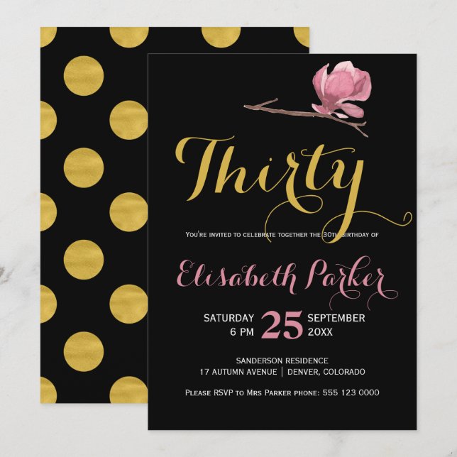 Glam 30th birthday gold black polka dot floral invitation (Front/Back)