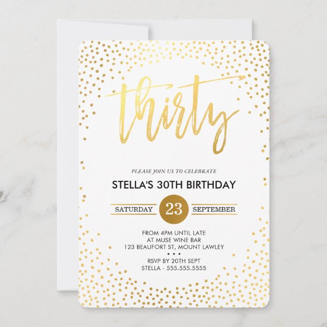 GLAM 30TH BIRTHDAY PARTY mini gold confetti invite (Front)