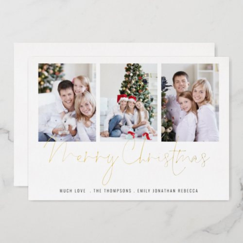 Glam 3 Photos Merry Christmas Real  Foil Holiday Card