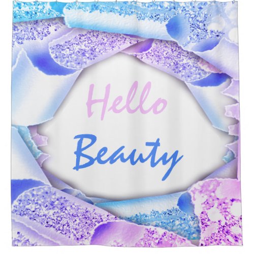 Glam 3D Frame Blue Pink Glitter  HELLO Girly Shower Curtain