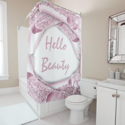 Glam 3D Frame Pink Rose PSTEL HELLO Girly Shower Curtain