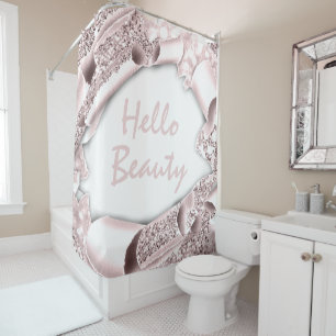 Glam 3D Frame ROSE GOLD  GLITTER  HELLO Girly Shower Curtain