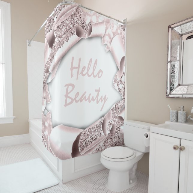 Glam 3D Frame ROSE GOLD  GLITTER  HELLO Girly Shower Curtain (In Situ)
