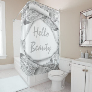 Glam 3D Frame SilVER GRAY GLITTER  HELLO Girly Shower Curtain