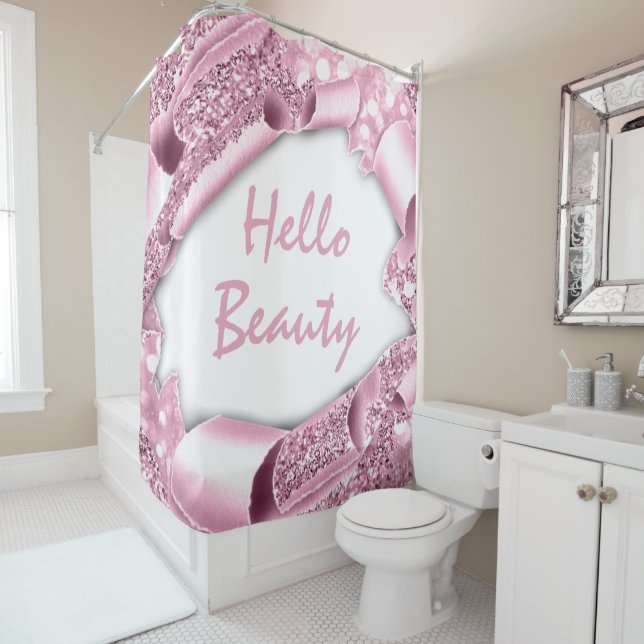 Glam  3D Pink  Rose  HELLO Girly Shower Curtain (In Situ)