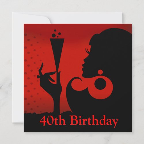 Glam 40th Birthday Cocktail Party  red black Invitation