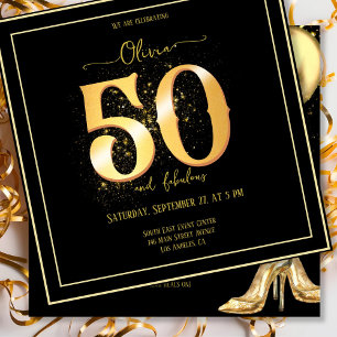 Glam 50 and Fabulous Sparkling Gold Black Invitation