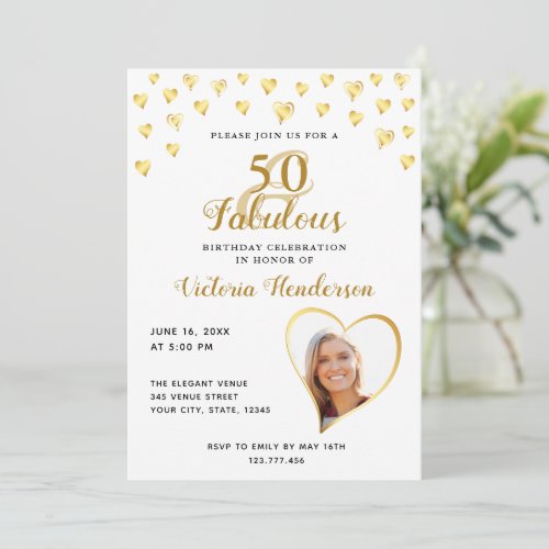 Glam 50 and Fabulous White and Gold Photo Birthday Invitation