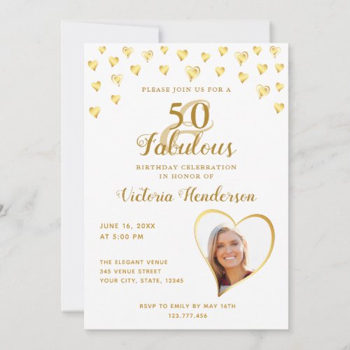 Glam 50 and Fabulous White and Gold Photo Birthday Invitation