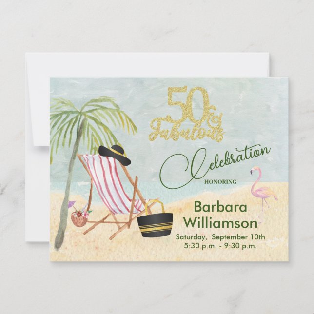 Glam 50 & Fabulous Beach Scene Party Invitation (Front)