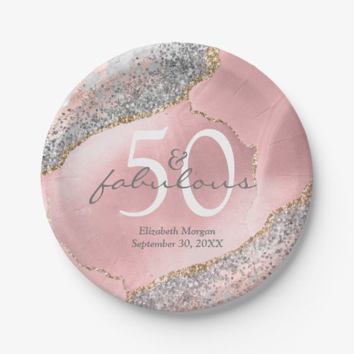 Glam 50 Fabulous Rose Gold Glitter Name Birthday  Paper Plates