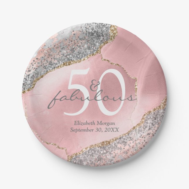 Glam 50 Fabulous Rose Gold Glitter Name Birthday  Paper Plates (Front)