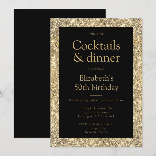 Glam 50th Birthday Black Gold Invitation (Front/Back)
