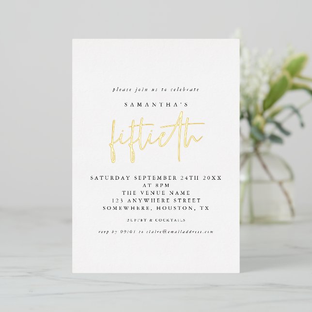 Glam 50th Birthday Party Script White Real  Foil Invitation (Standing Front)