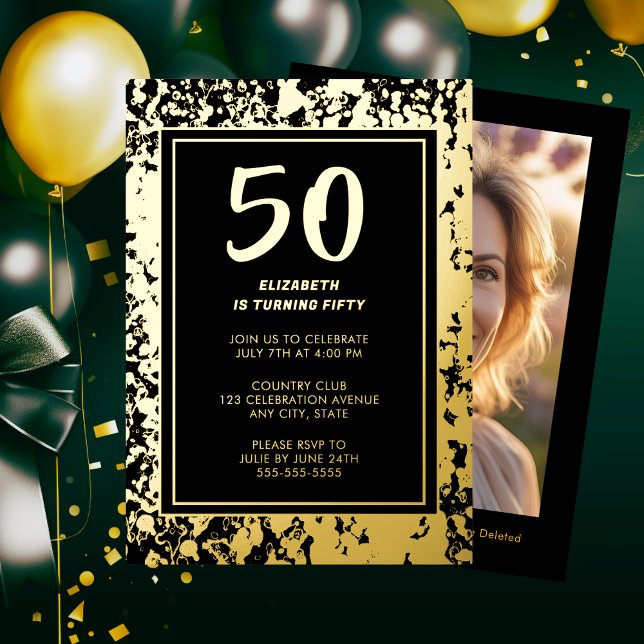 Glam 50th Black Gold Birthday Photo Bold Luxe Foil Invitation (Creator Uploaded)