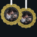 Glam 50th Wedding Anniversary-Custom Photo Ornament Card<br><div class="desc">Glamorous,  elegant 50th wedding anniversary commemorative design. Gold on gold swirls frame with a custom photo and customizable text.</div>
