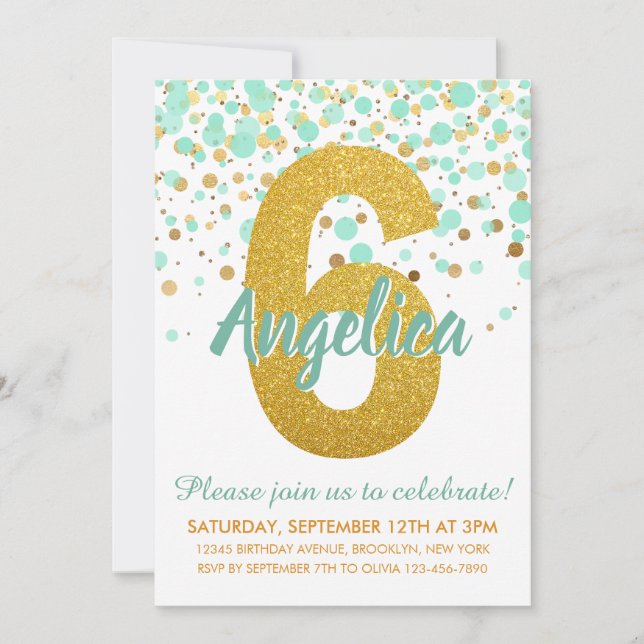 Glam 6th Birthday Mint Green Gold Glitter Confetti Invitation (Front)
