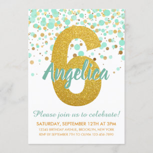 Glam 6th Birthday Mint Green Gold Glitter Confetti Invitation