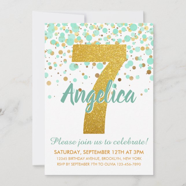 Glam 7th Birthday Mint Green Gold Glitter Confetti Invitation (Front)