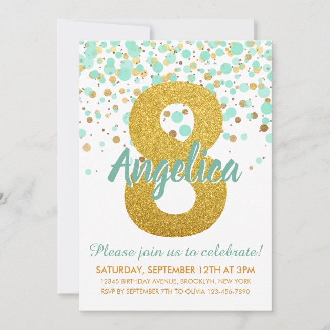 Glam 8th Birthday Mint Green Gold Glitter Confetti Invitation (Front)