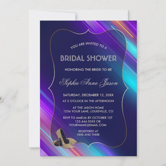 Glam Abstract Neon Purple Blue Gold Bridal Shower Invitation (Front)