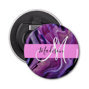 Glam Abstract Purple Shimmer Texture Pink Monogram Bottle Opener