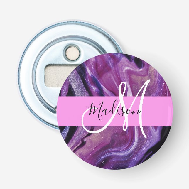 Glam Abstract Purple Shimmer Texture Pink Monogram Bottle Opener (Front)