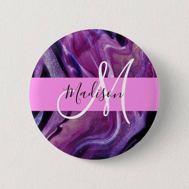 Glam Abstract Purple Shimmer Texture Pink Monogram Button (Front)