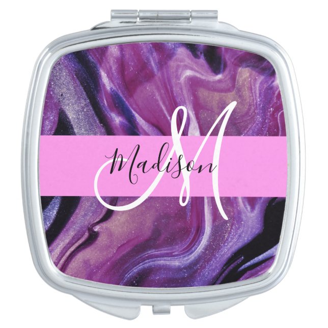Glam Abstract Purple Shimmer Texture Pink Monogram Compact Mirror (Front)
