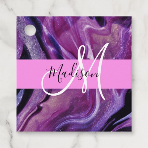Glam Abstract Purple Shimmer Texture Pink Monogram Favor Tags
