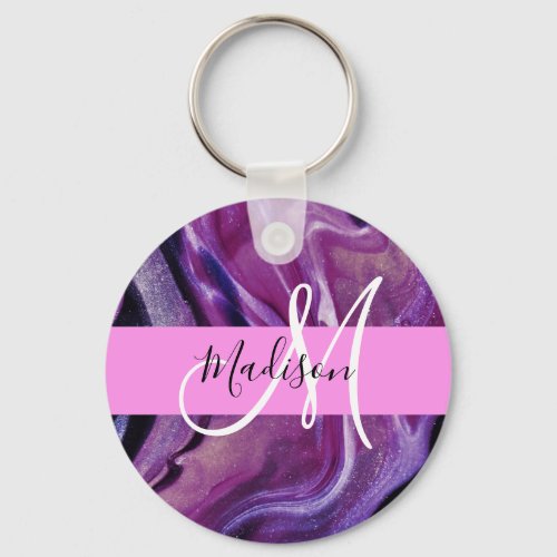 Glam Abstract Purple Shimmer Texture Pink Monogram Keychain