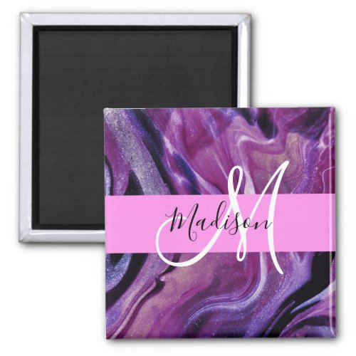 Glam Abstract Purple Shimmer Texture Pink Monogram Magnet