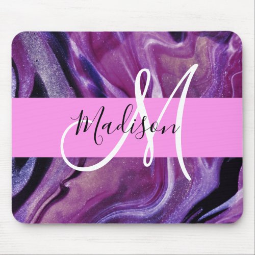 Glam Abstract Purple Shimmer Texture Pink Monogram Mouse Pad