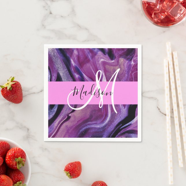 Glam Abstract Purple Shimmer Texture Pink Monogram Napkins (Insitu)