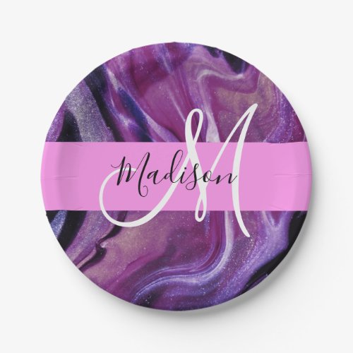 Glam Abstract Purple Shimmer Texture Pink Monogram Paper Plates