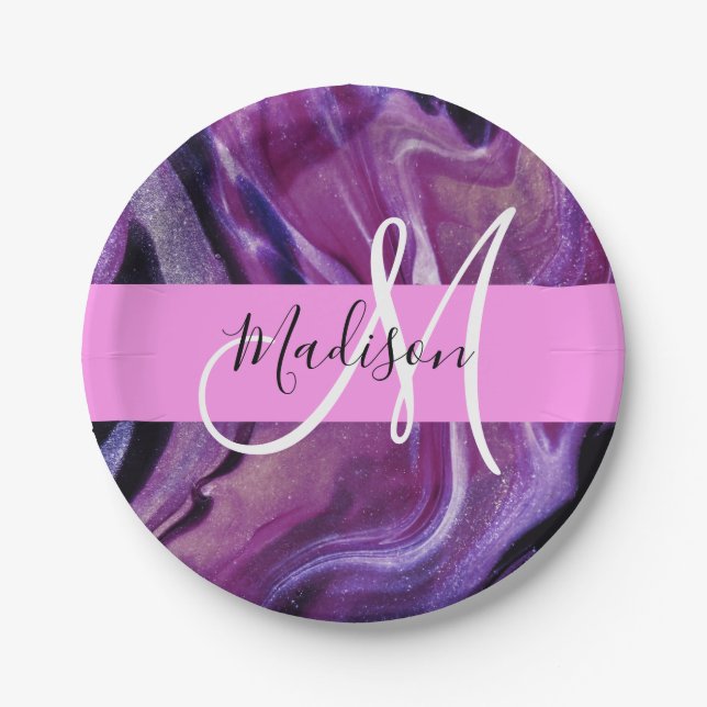 Glam Abstract Purple Shimmer Texture Pink Monogram Paper Plates (Front)