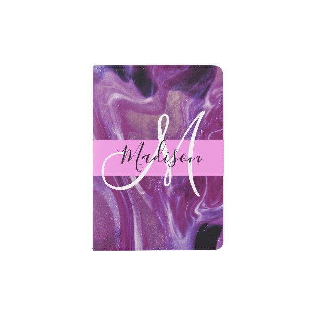 Glam Abstract Purple Shimmer Texture Pink Monogram Passport Holder (Front)